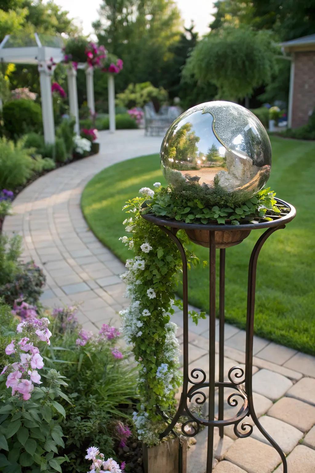 An elevated stand turns the gazing ball into a stunning focal point.