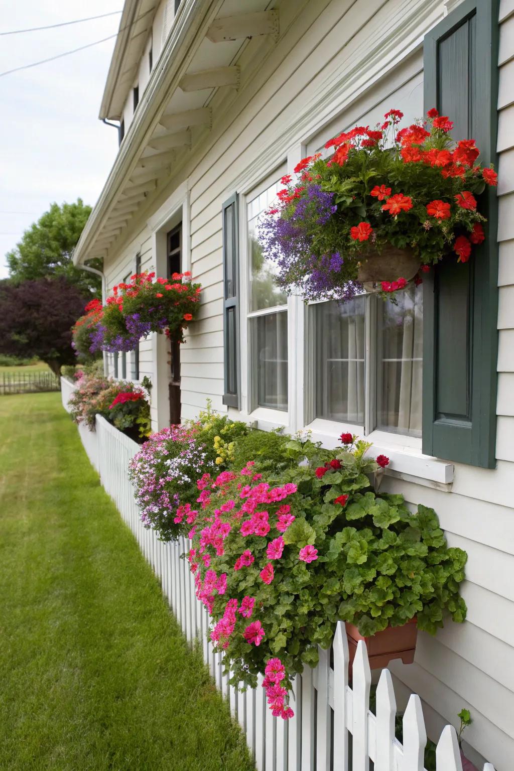 Window boxes brimming with geraniums enhance curb appeal.