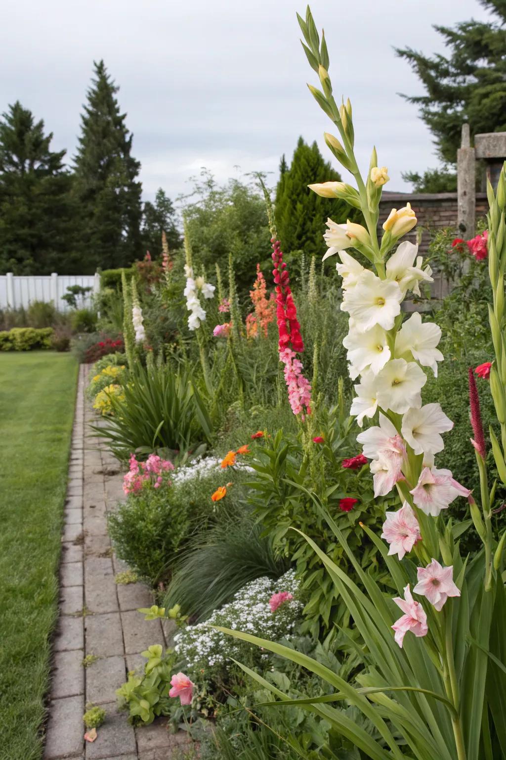 Gladiolus serve as vertical accents in the garden.