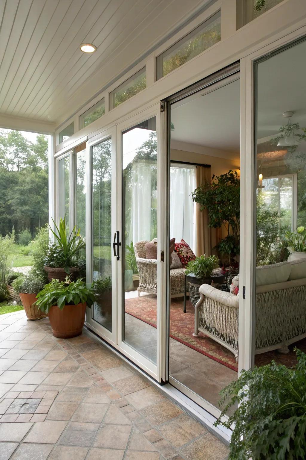 A sleek glass porch equipped with modern sliding glass doors.