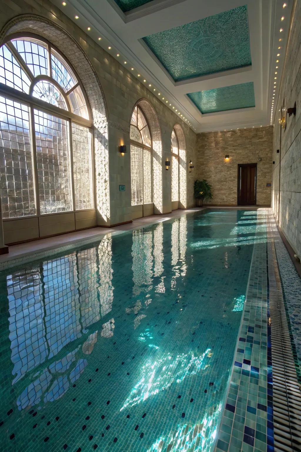 Glass tiles create dynamic light interactions in your pool.