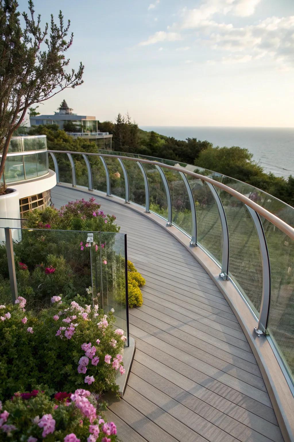 Curved glass railings adding elegance to a sophisticated deck.