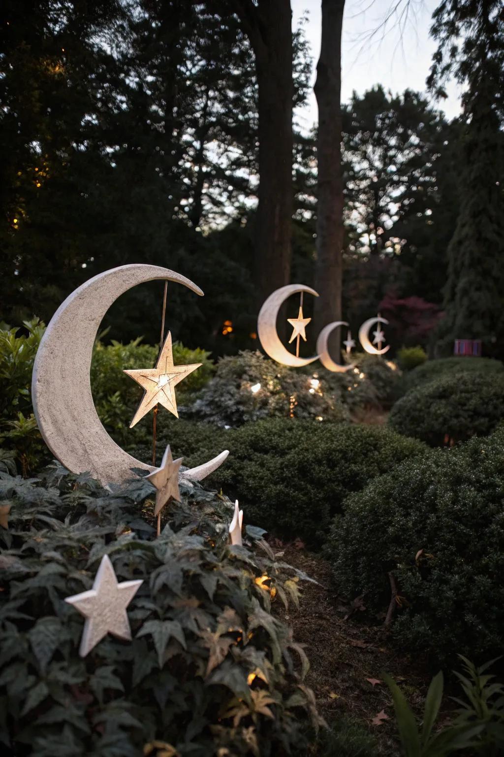 Celestial symbols enhance the garden's mystical vibe.
