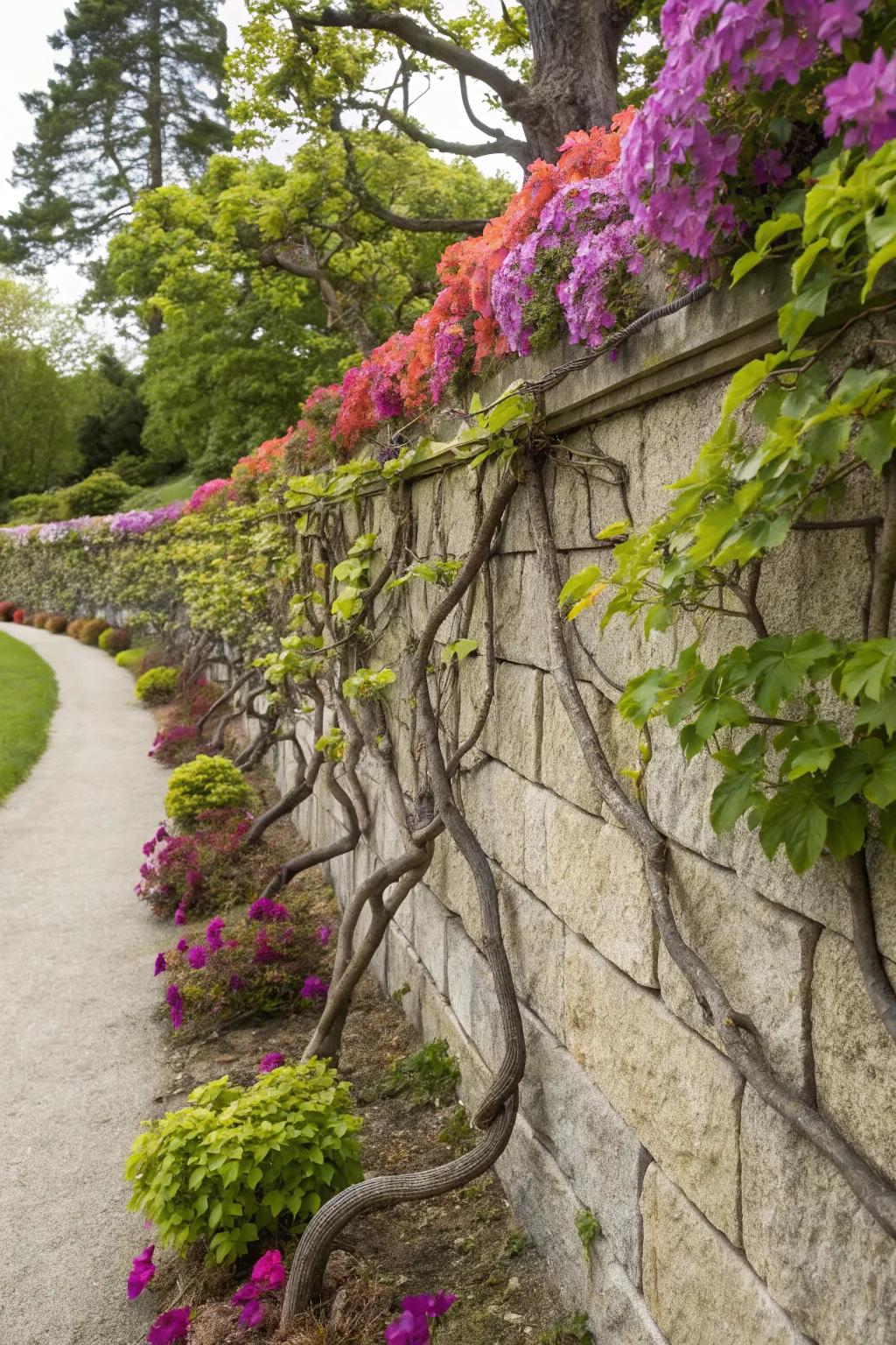 Grapevines bring life and texture to garden walls.