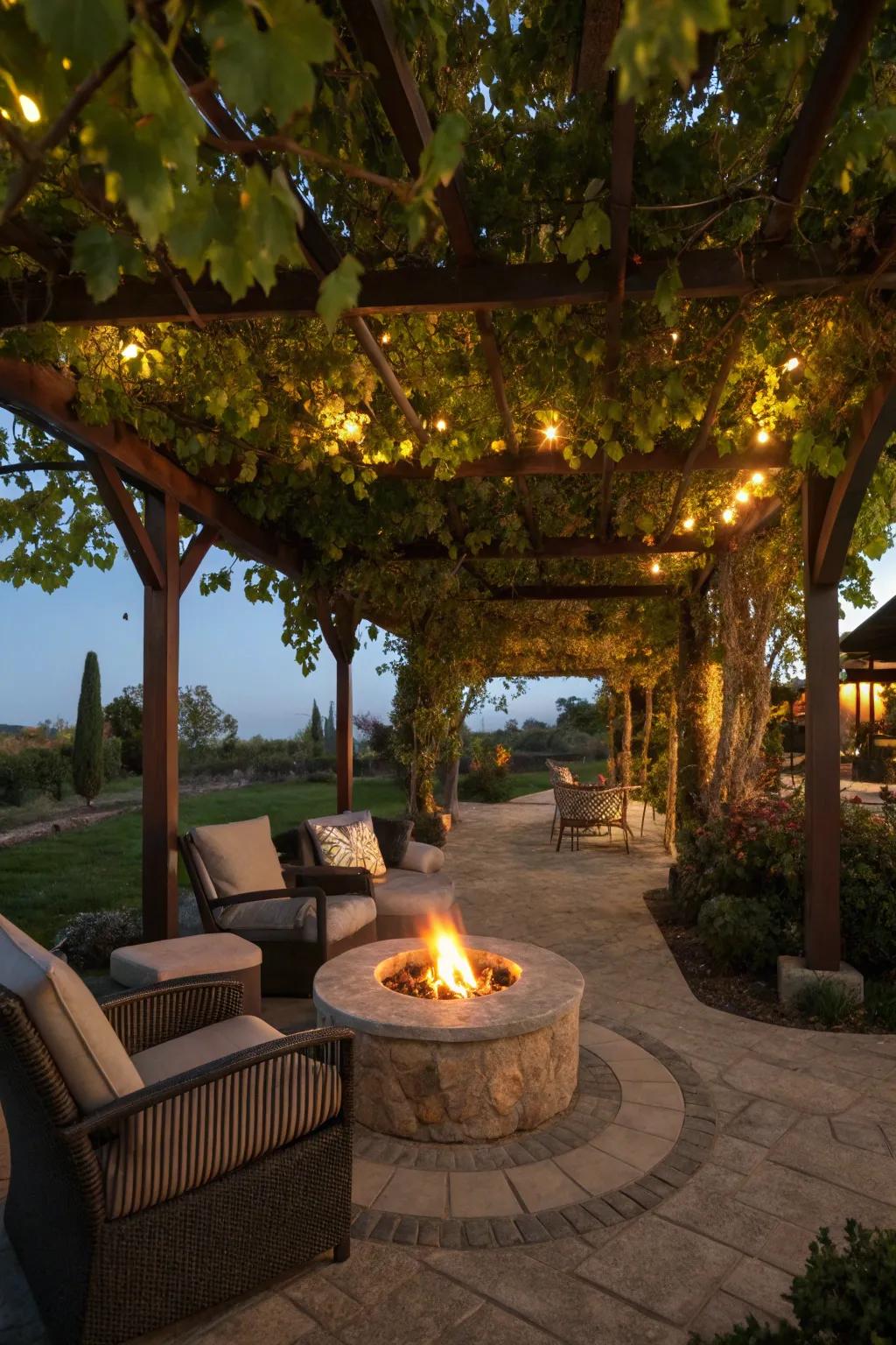 A cozy pergola with a fire pit, ideal for enjoying cool nights.