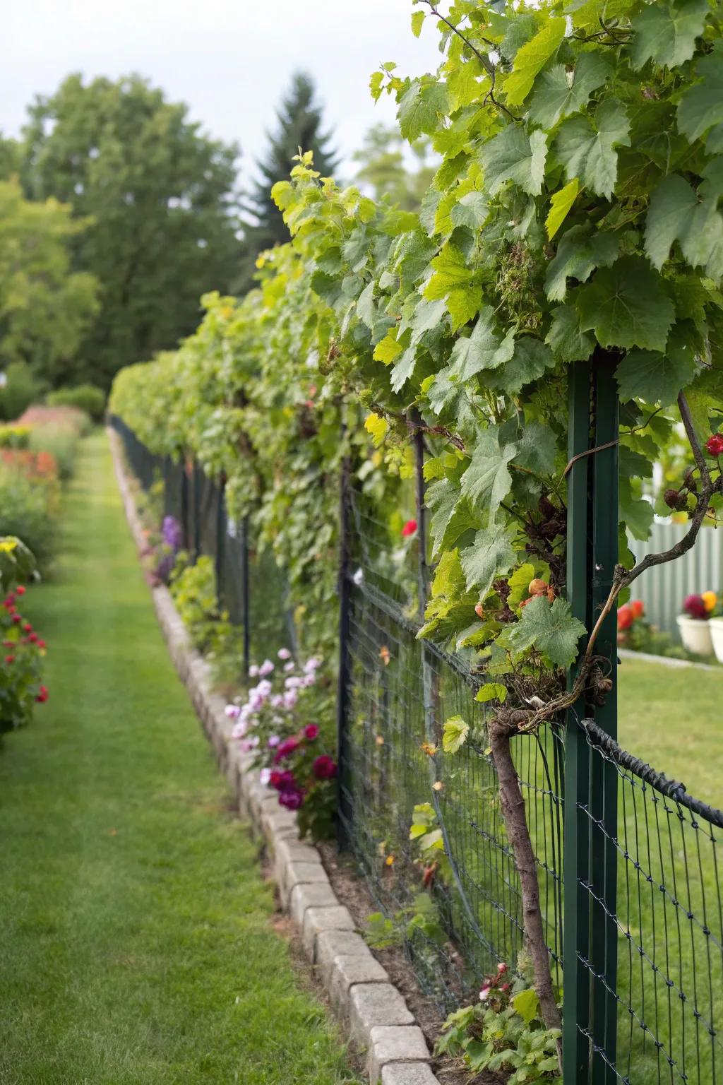 A vibrant living fence formed by grapevines, adding privacy and greenery.