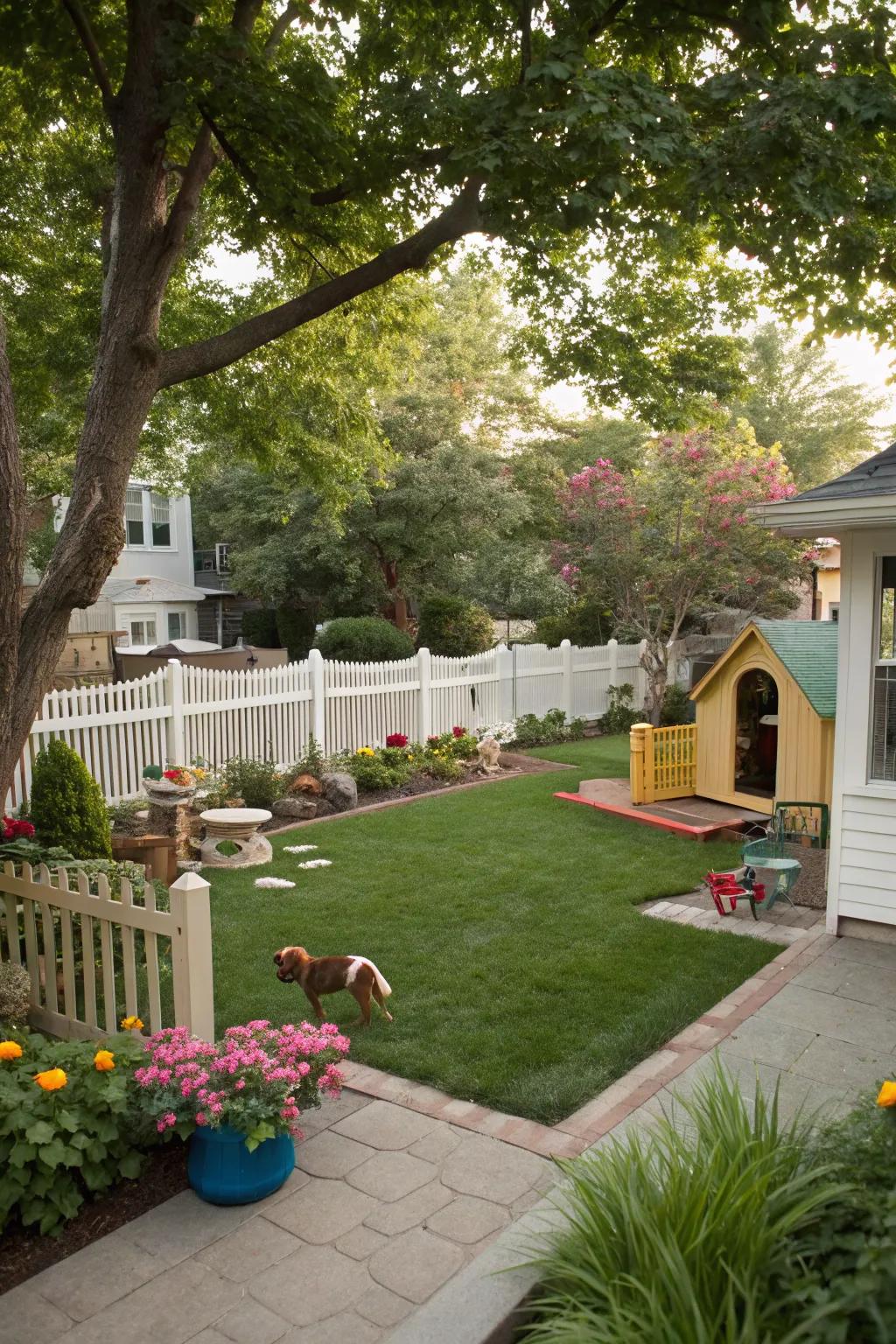 Dog enjoying a play area in a landscaped yard