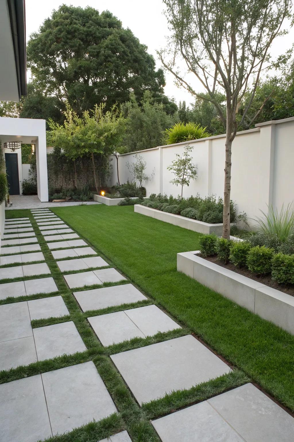Achieve a contemporary look with minimalist grass and paver designs.