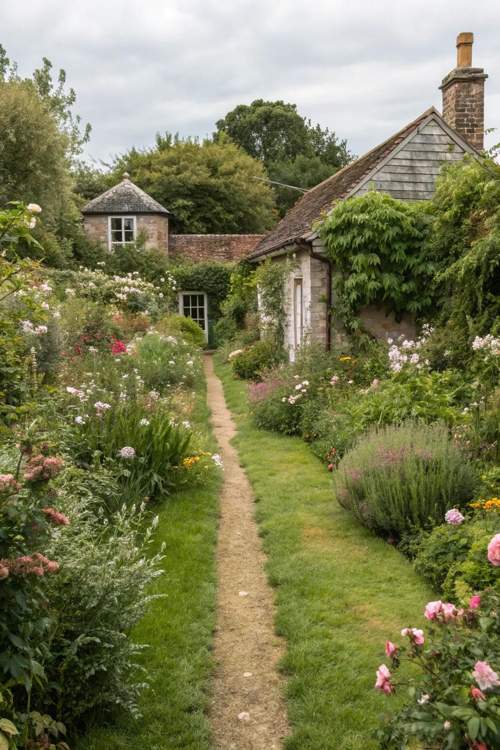 A grassy path in a charming cottage garden setting.