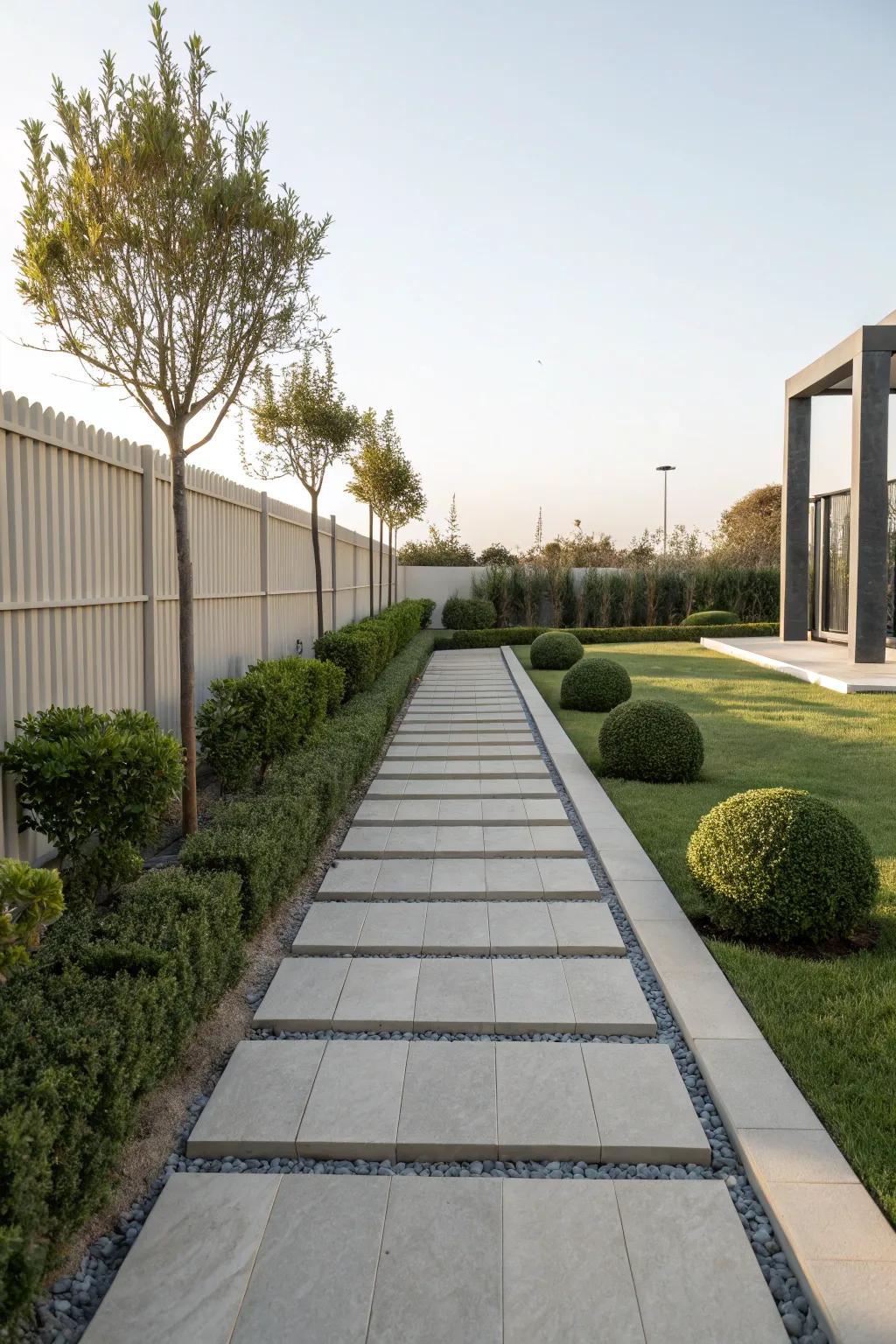 A modern walkway with sleek rectangular pavers.