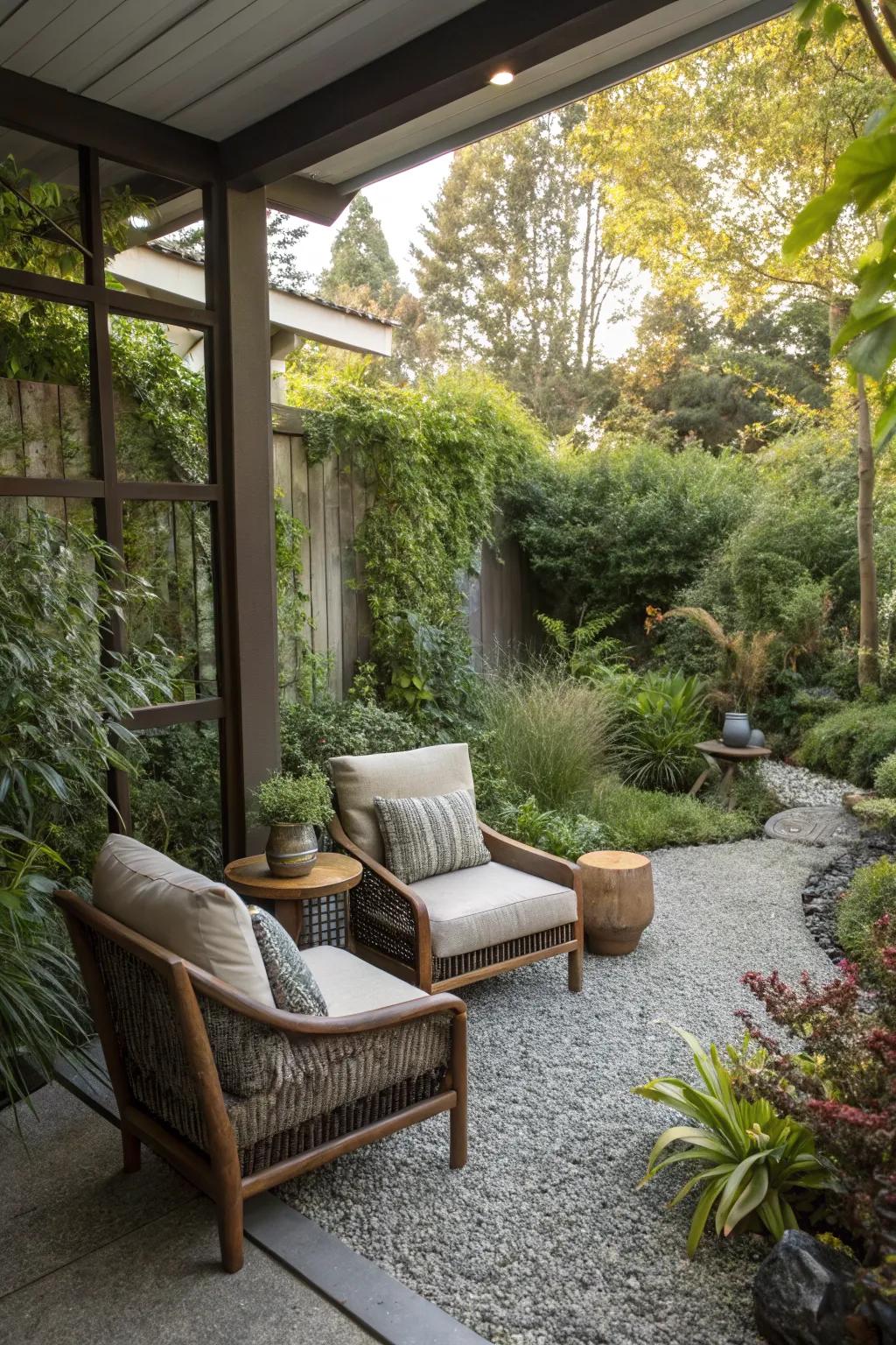 Escape to a secluded seating nook with gravel flooring.