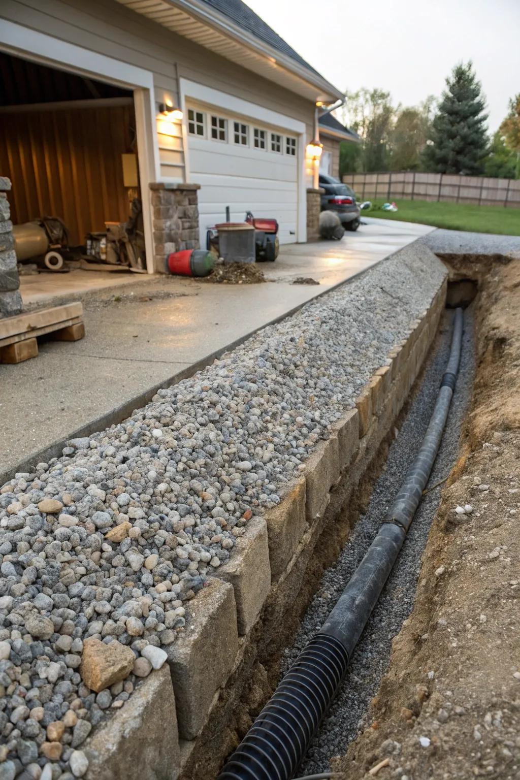 A subsurface drain discreetly managing water beneath a driveway.