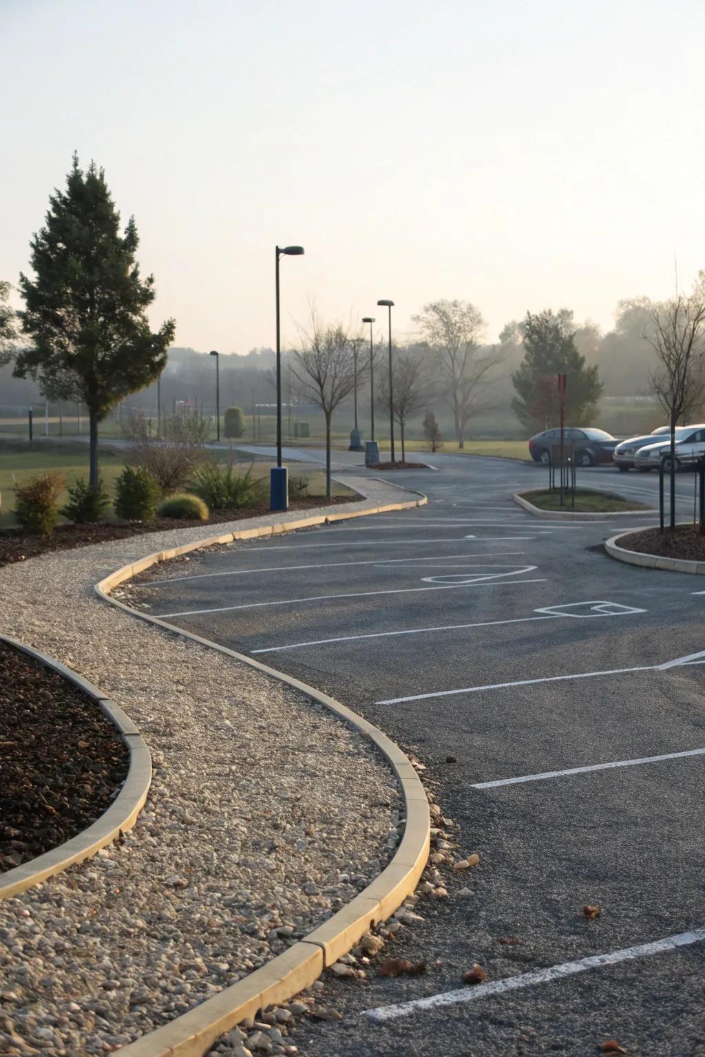 Curved designs add elegance and flow to gravel parking areas.