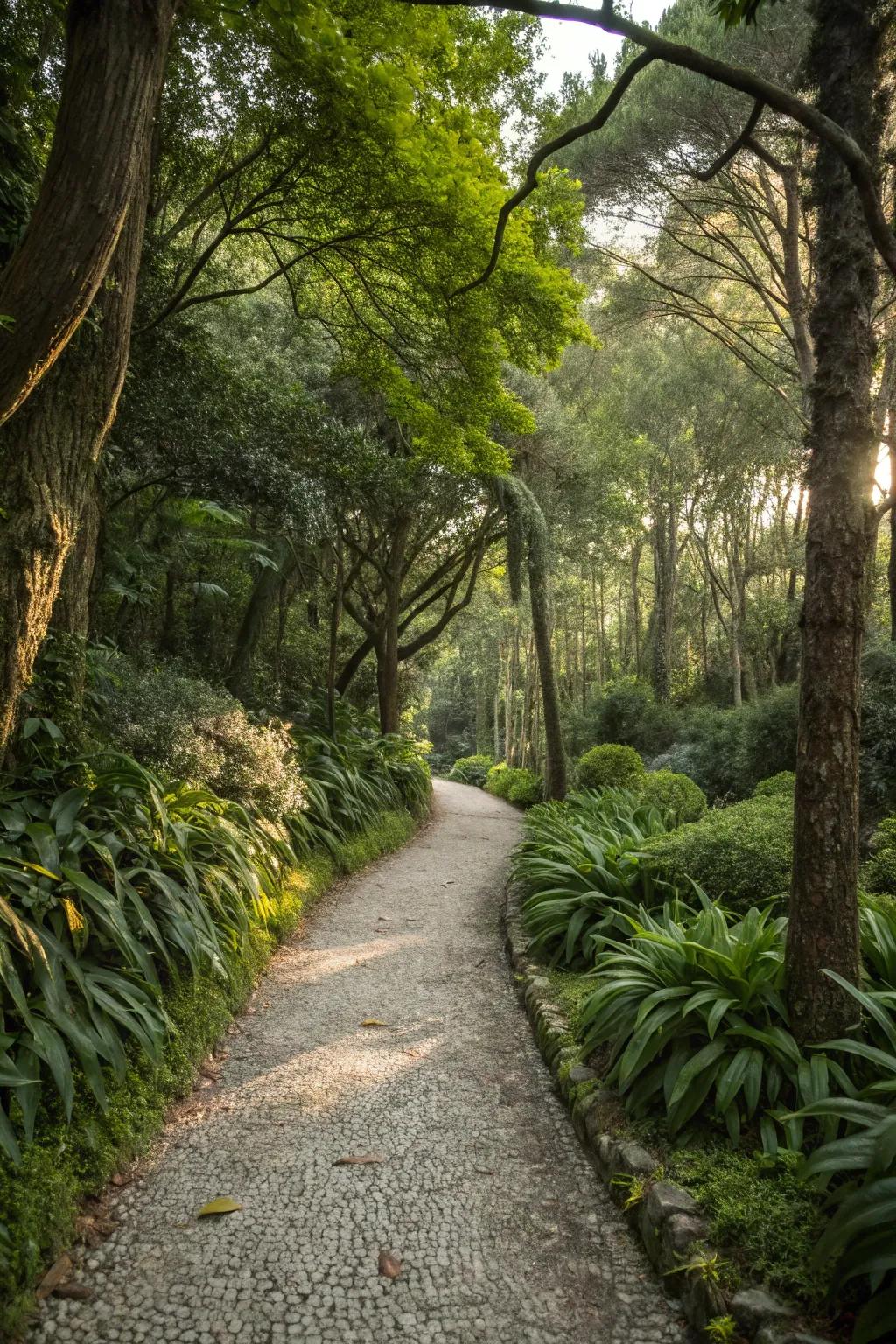 A gravel path that harmoniously blends into its natural surroundings.