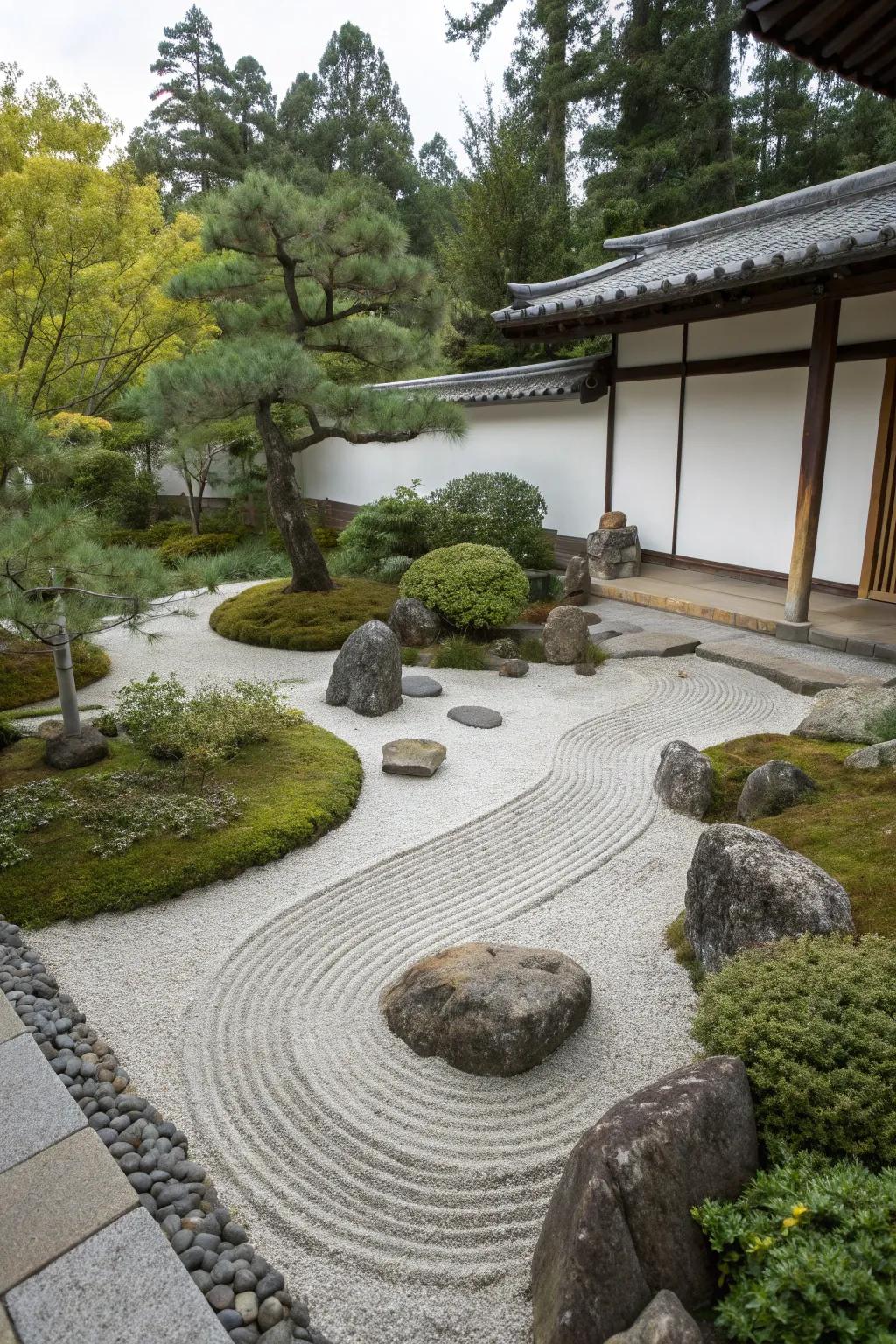 Peaceful Zen garden with gravel and stones.