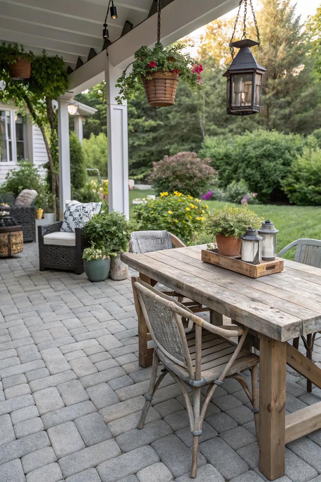 Rustic farmhouse elements add warmth and charm to a gray paver patio.