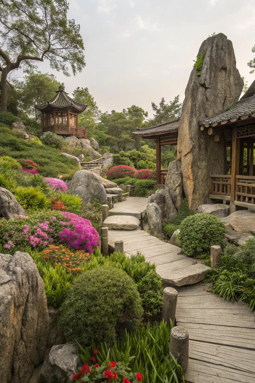 Natural elements like rocks and wood add texture and harmony