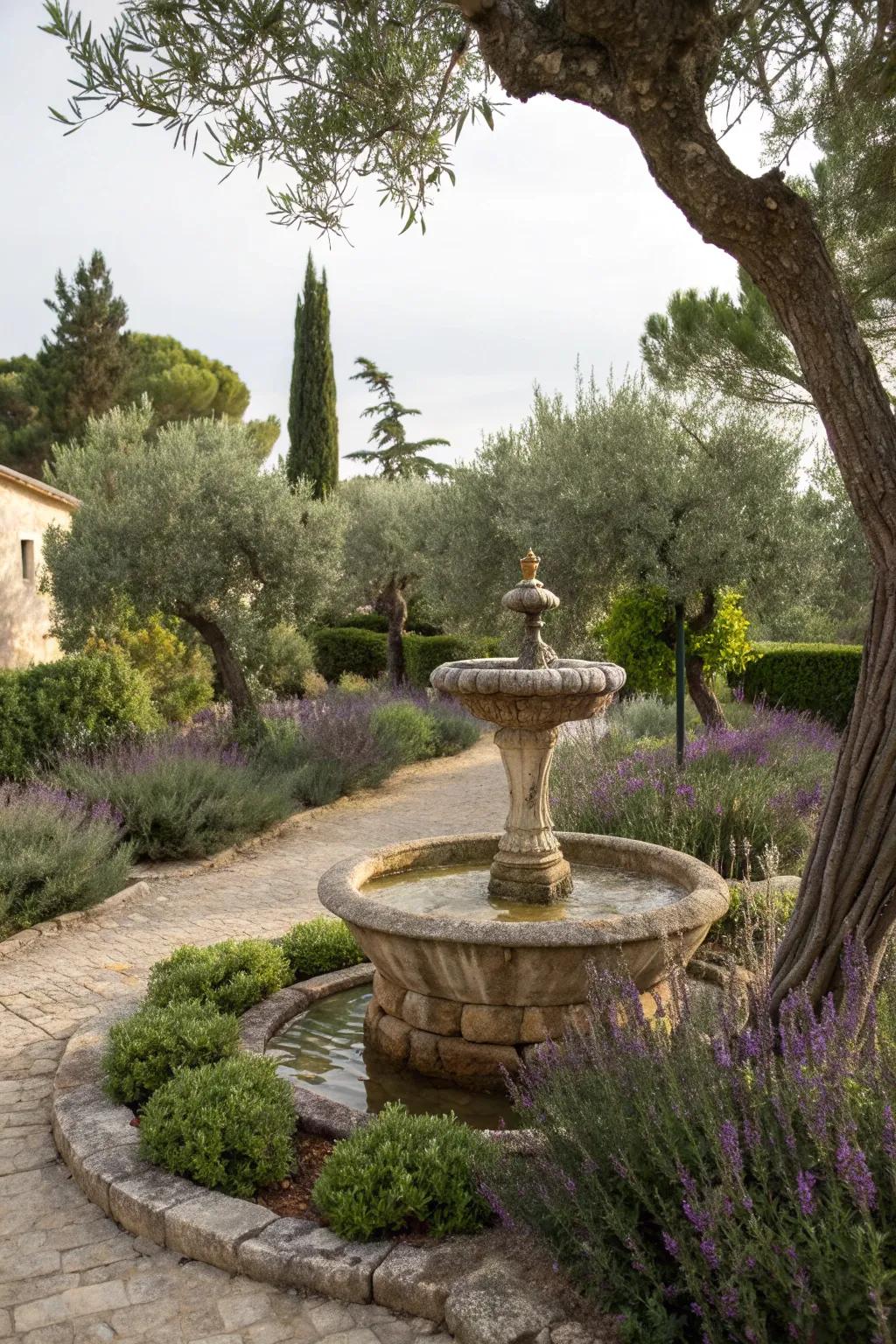 A stone fountain adds tranquility and a cooling effect to garden spaces.