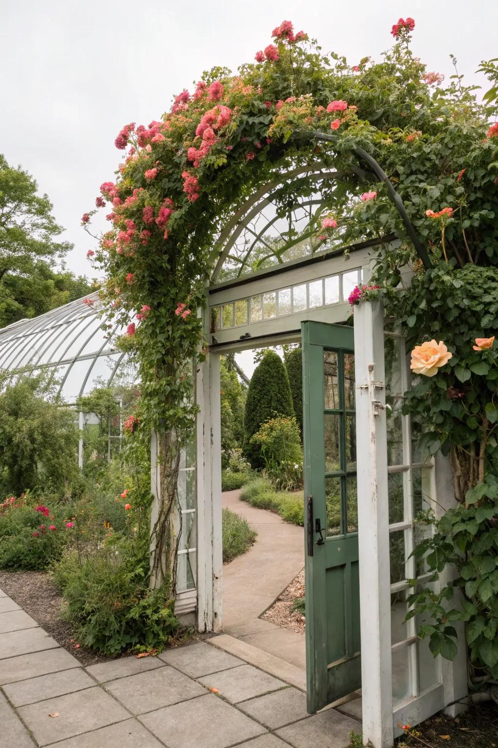 Enchanting arbor trellis marks the entry to this greenhouse.