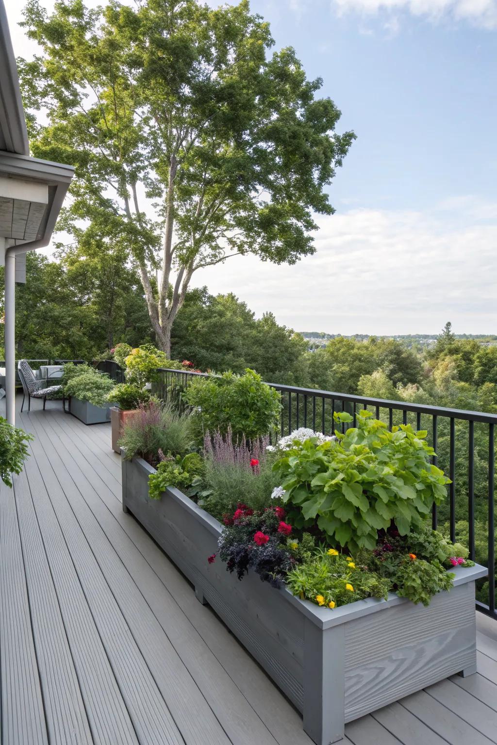 Integrated planters on a grey deck, merging modern design with nature.
