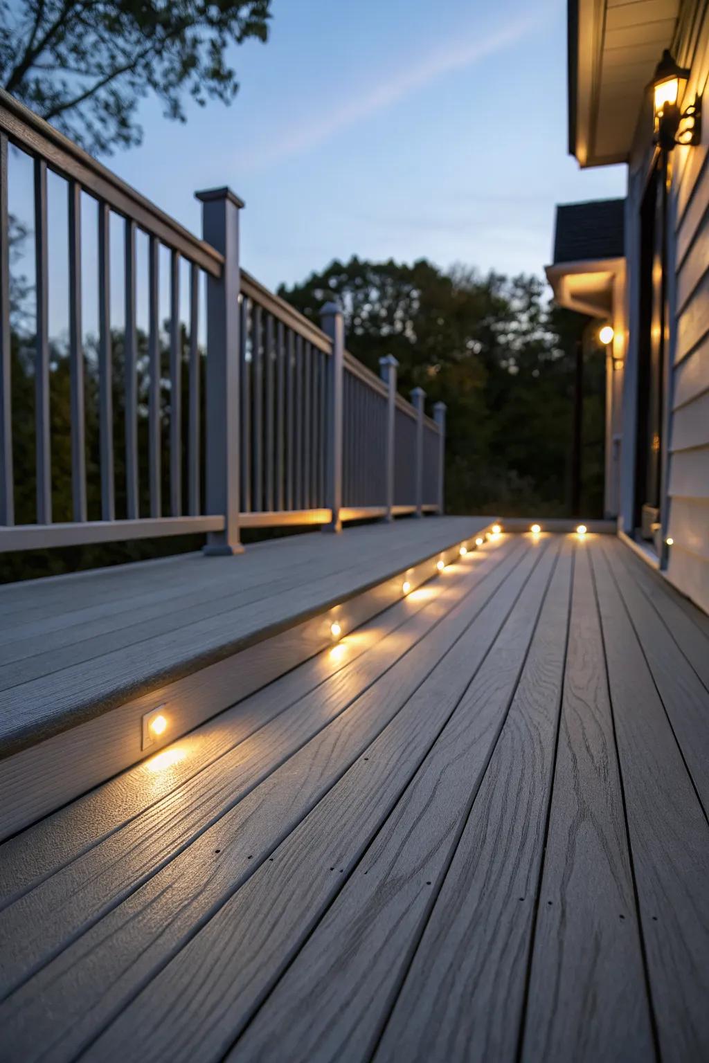 Under-deck lighting adds a warm glow to grey composite decking.