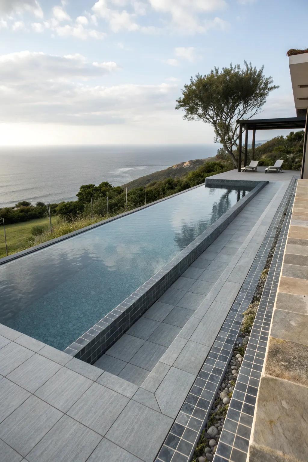 Lap pool featuring sleek grey tiles and infinity edge