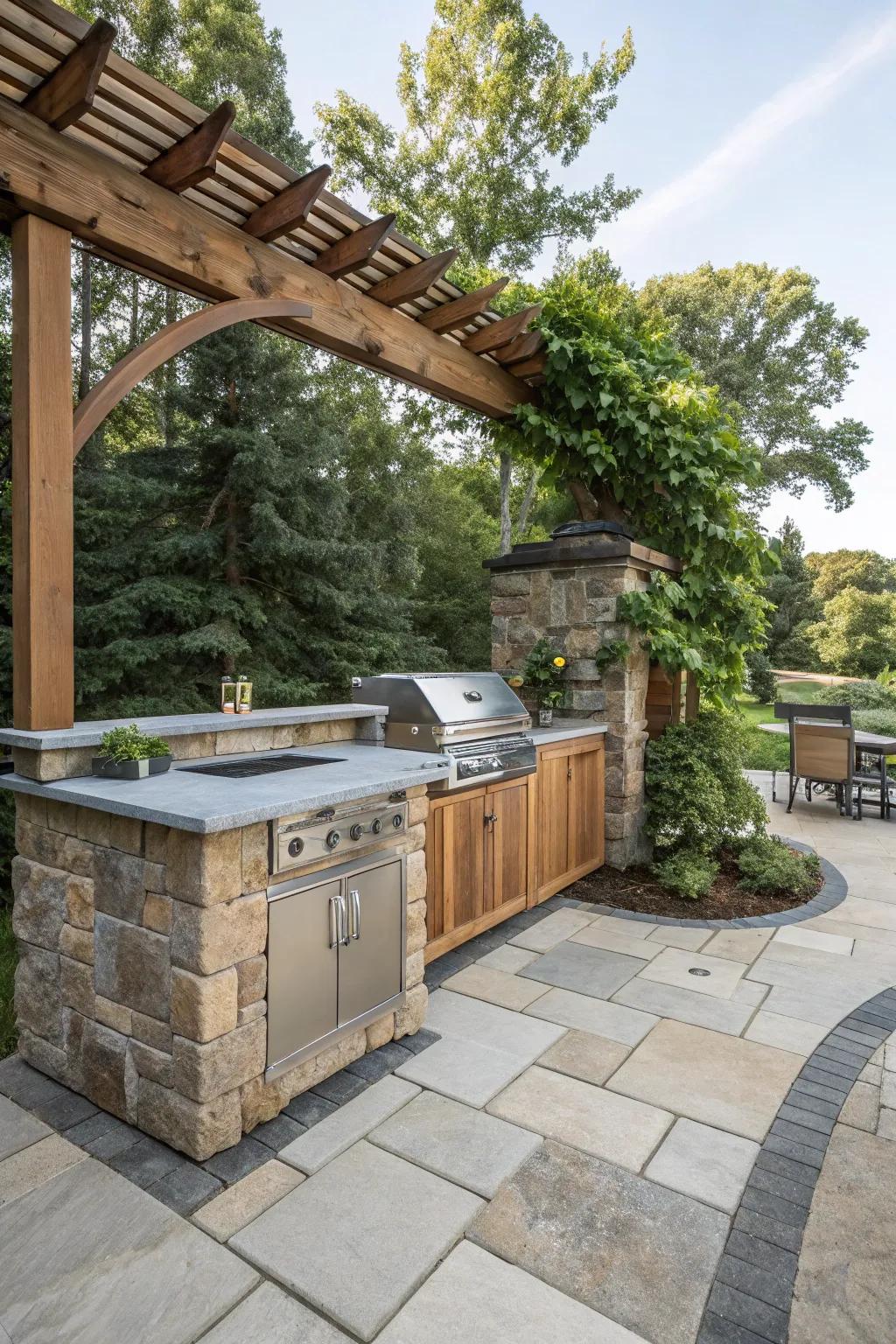 Natural material blends create an inviting grill area.