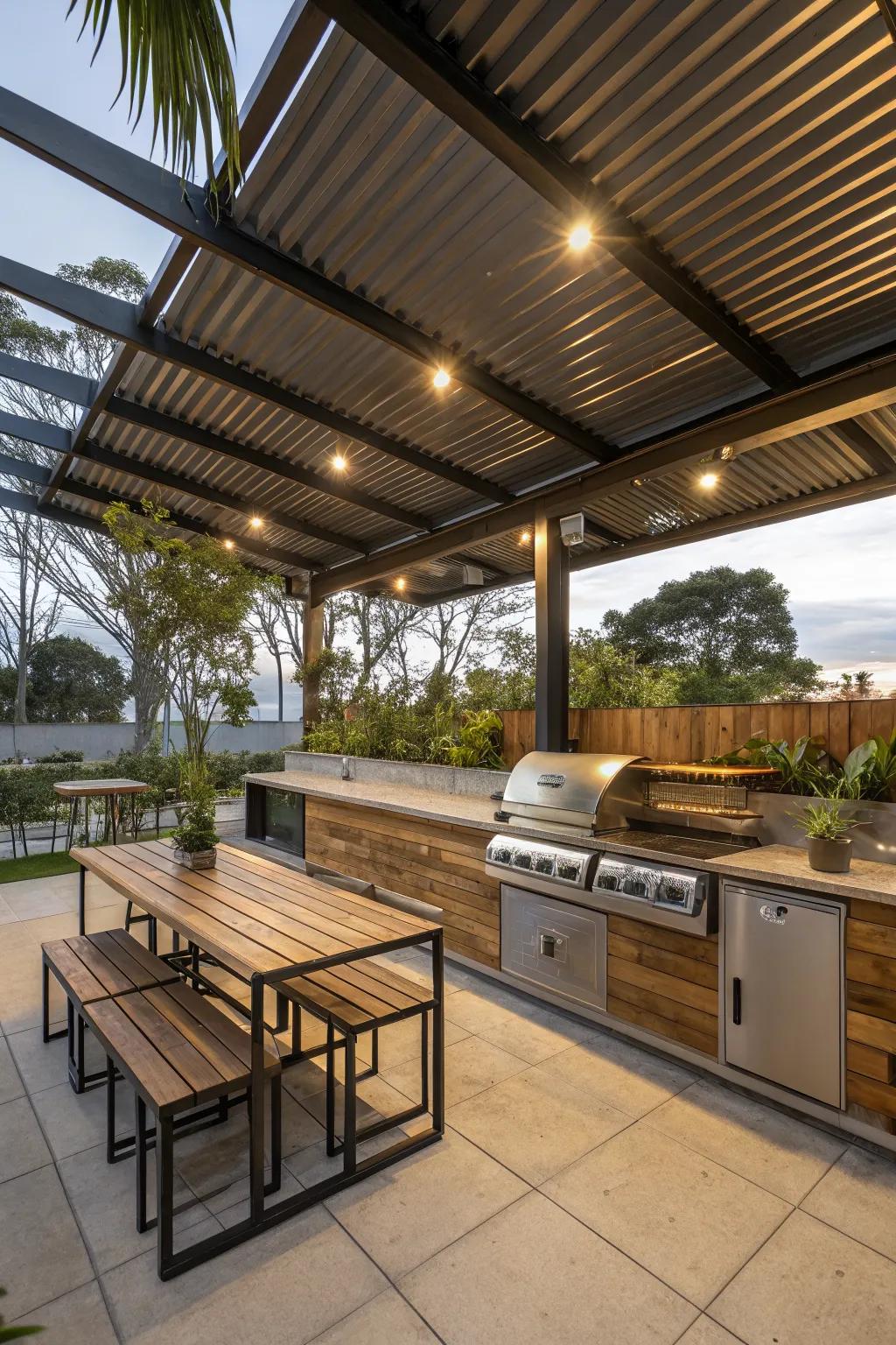 Combine steel and wood for a strong, chic grill roof.