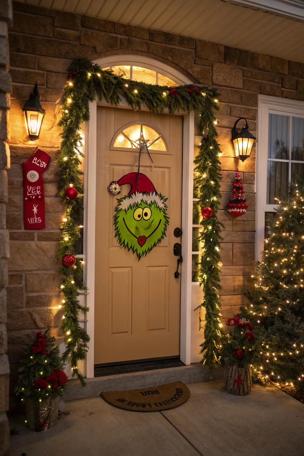 A Grinch door hanger sets a playful tone for visitors.