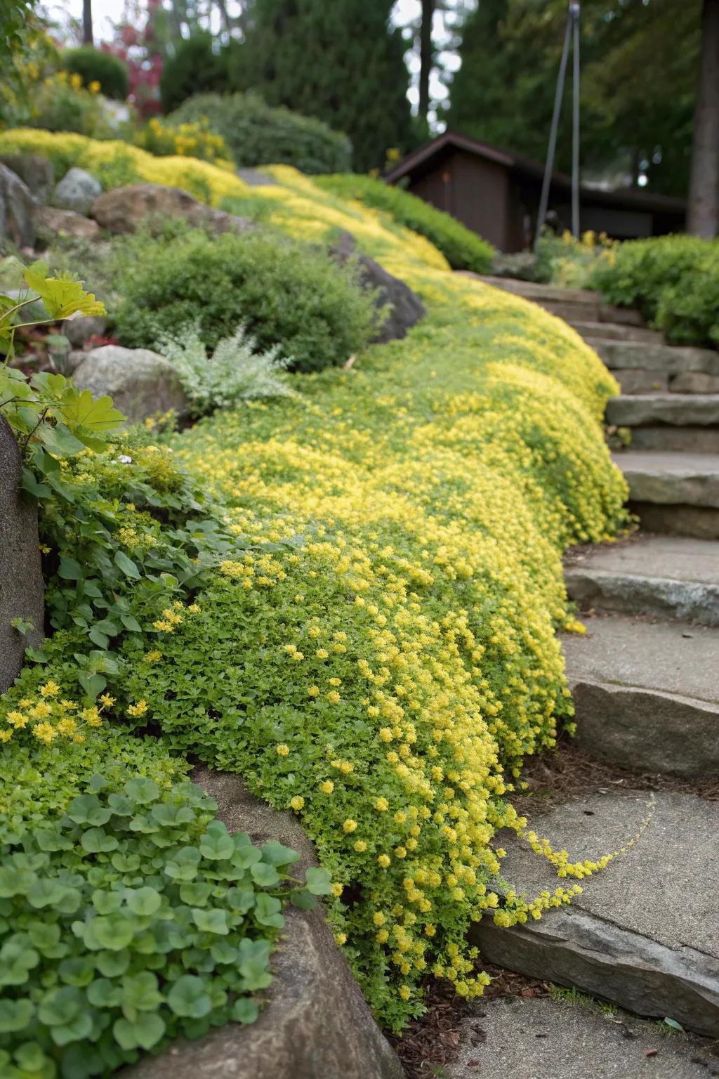 Creeping Jenny adds vibrant color and texture to garden slopes.
