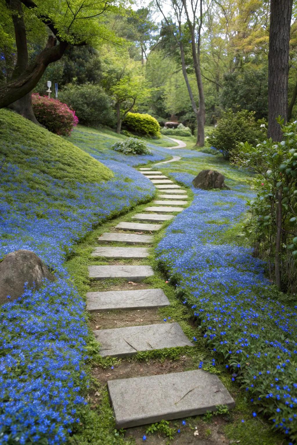 Blue Star Creeper adds a gentle touch of blue to garden paths.