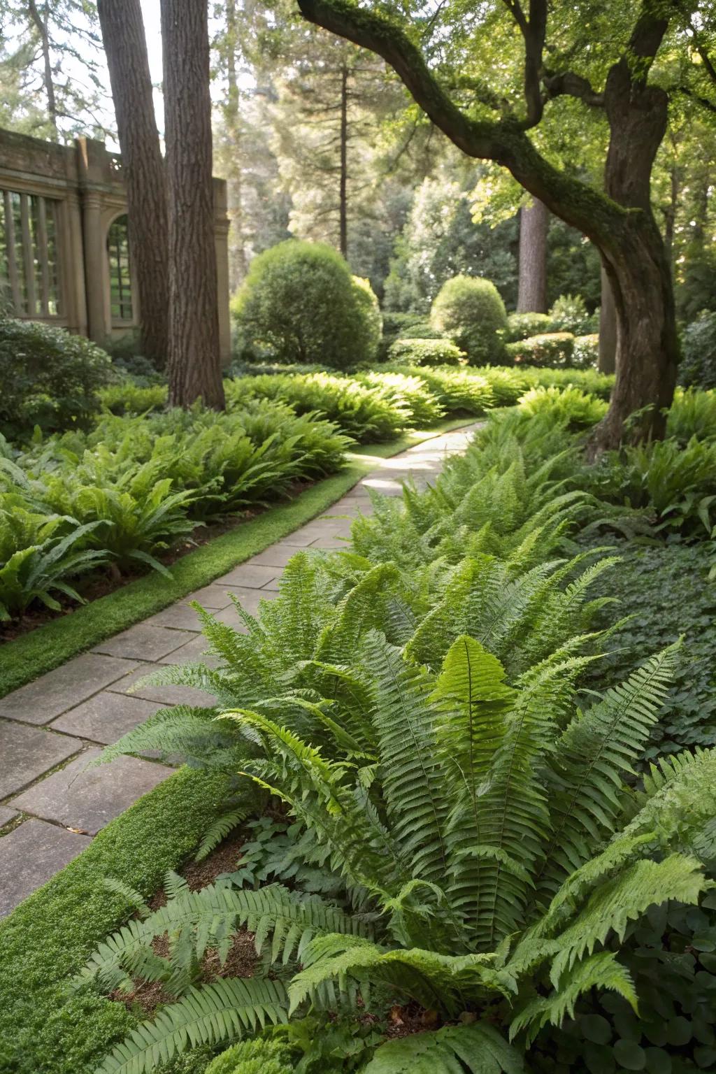 Garden space transformed into an oasis with lush fern ground cover