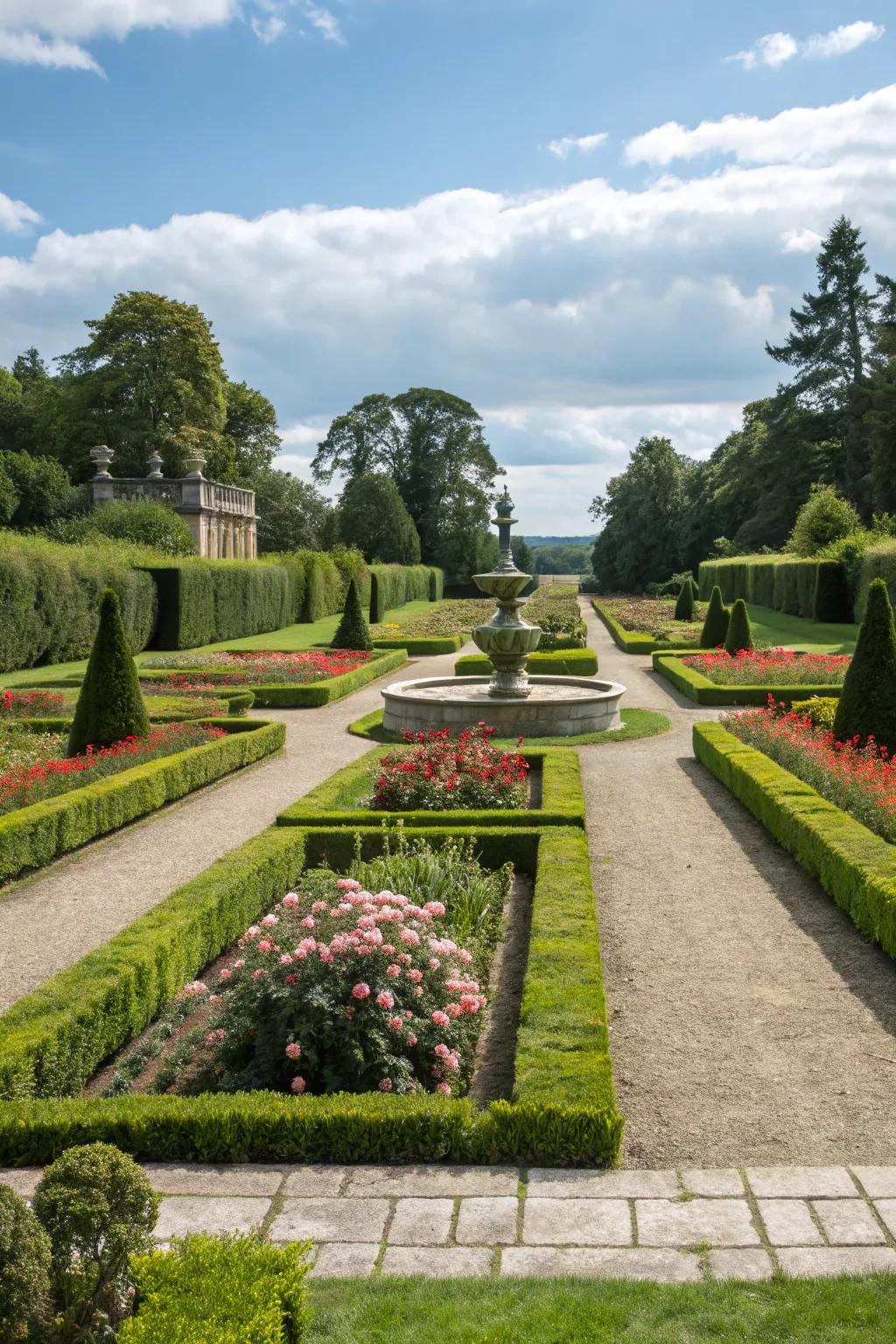 A classic formal garden featuring structured designs and symmetrical beauty.