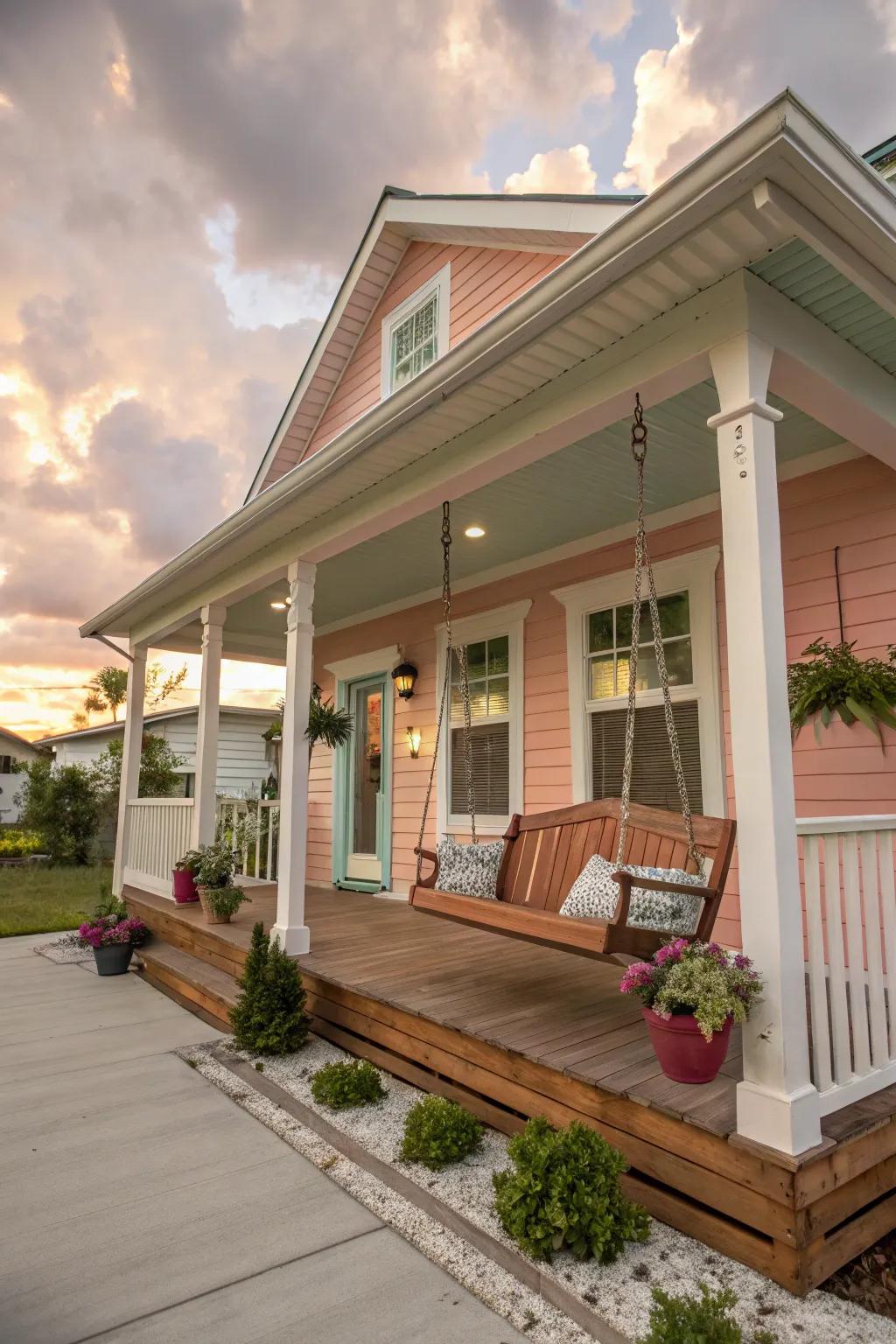 A complementary color scheme ties the porch design together.