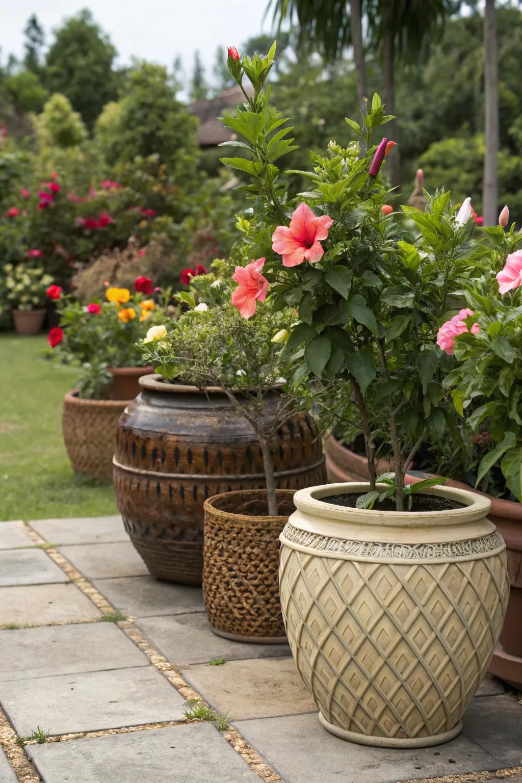 A mix of pot textures adds depth to the garden design.