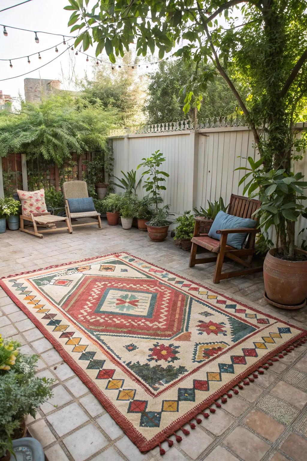 A large outdoor rug defines and adds comfort to the patio space.