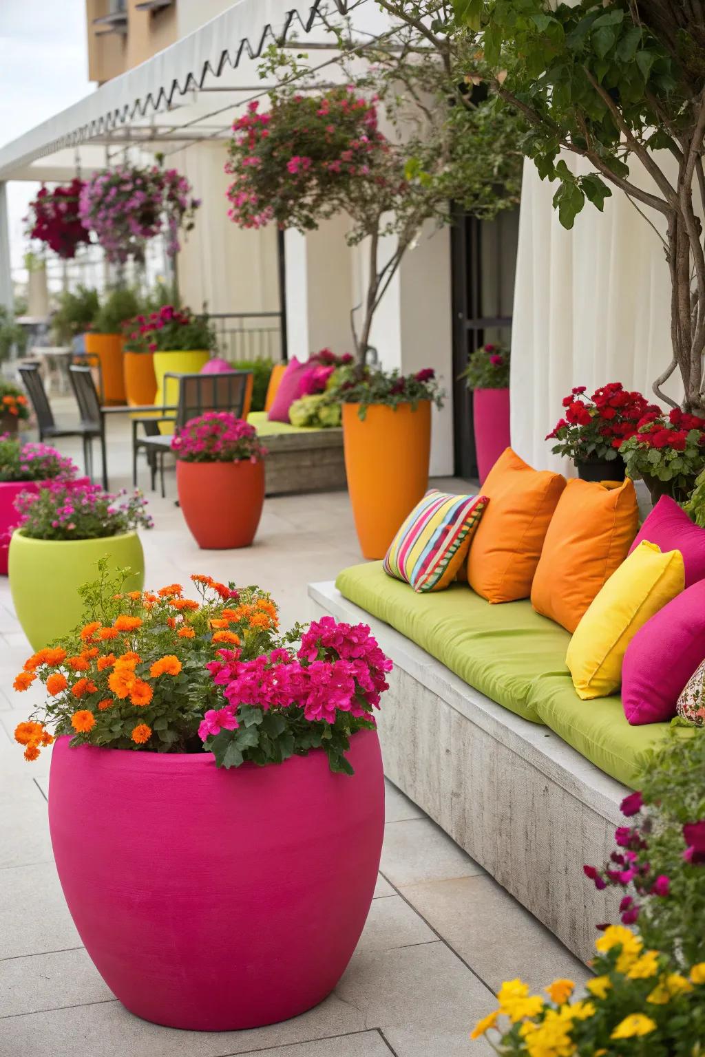 Bold color accents add vibrancy and life to the patio.