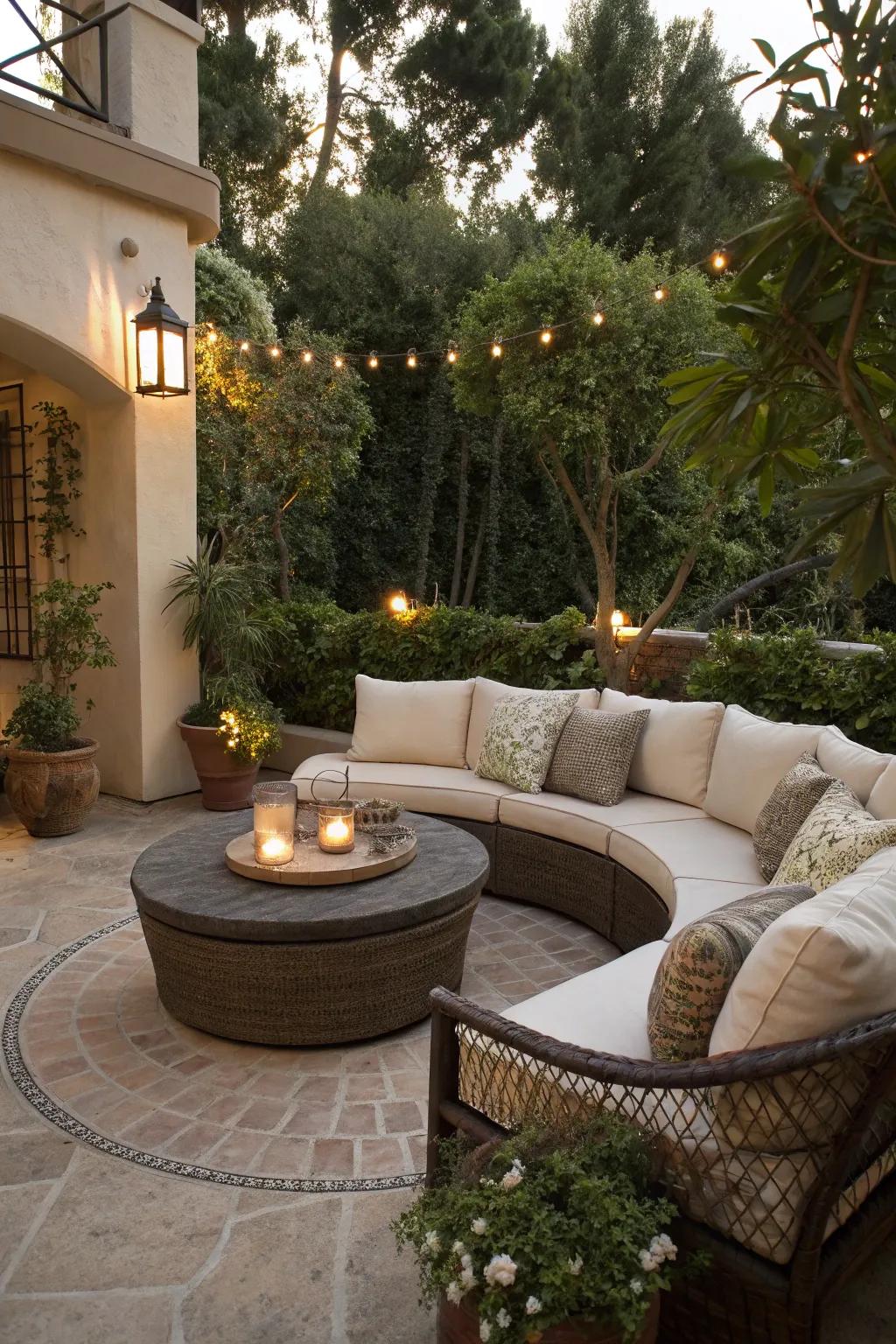 A circular coffee table serves as a practical and stylish centerpiece