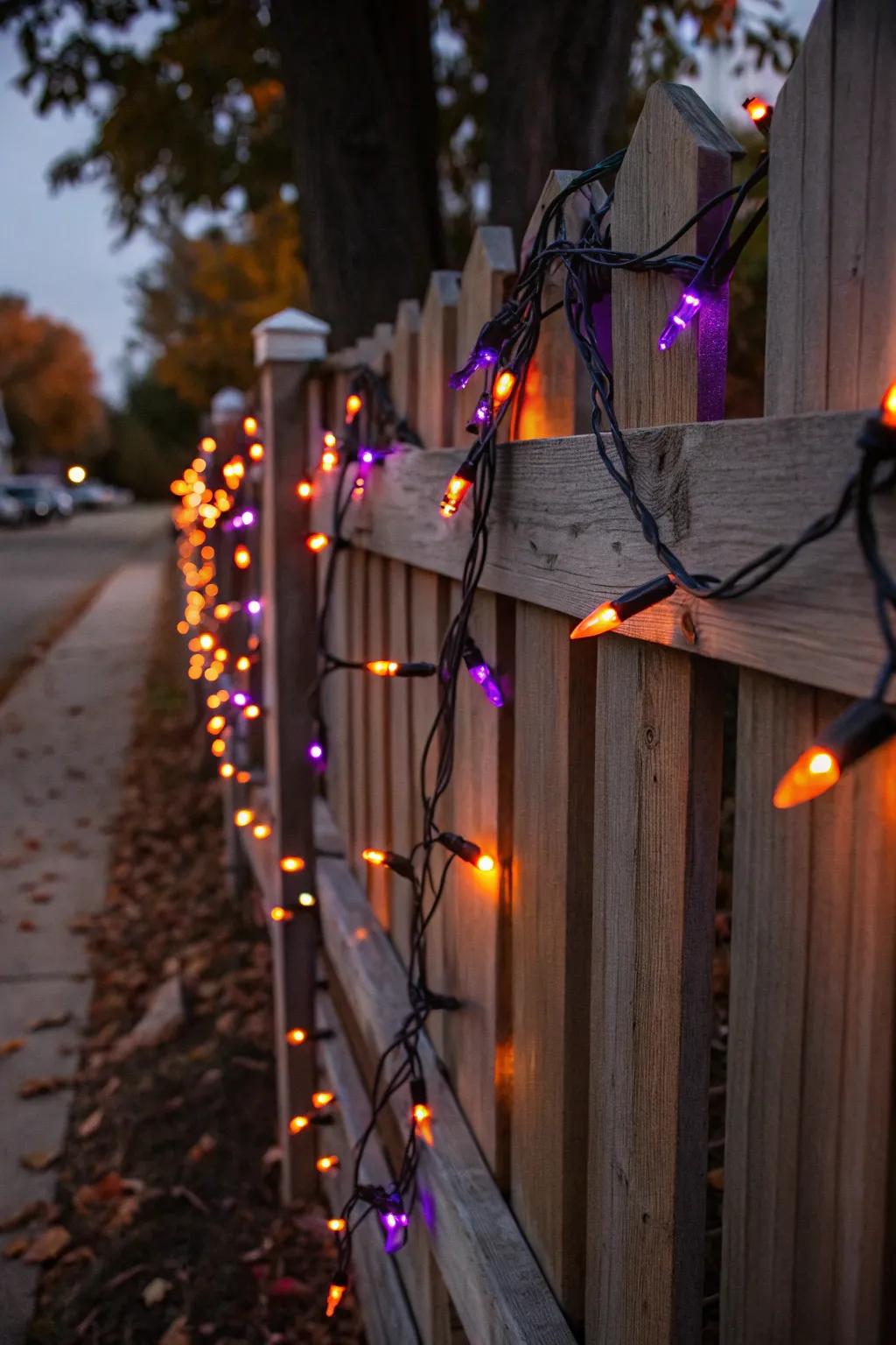 String lights cast a magical glow, perfect for Halloween night.
