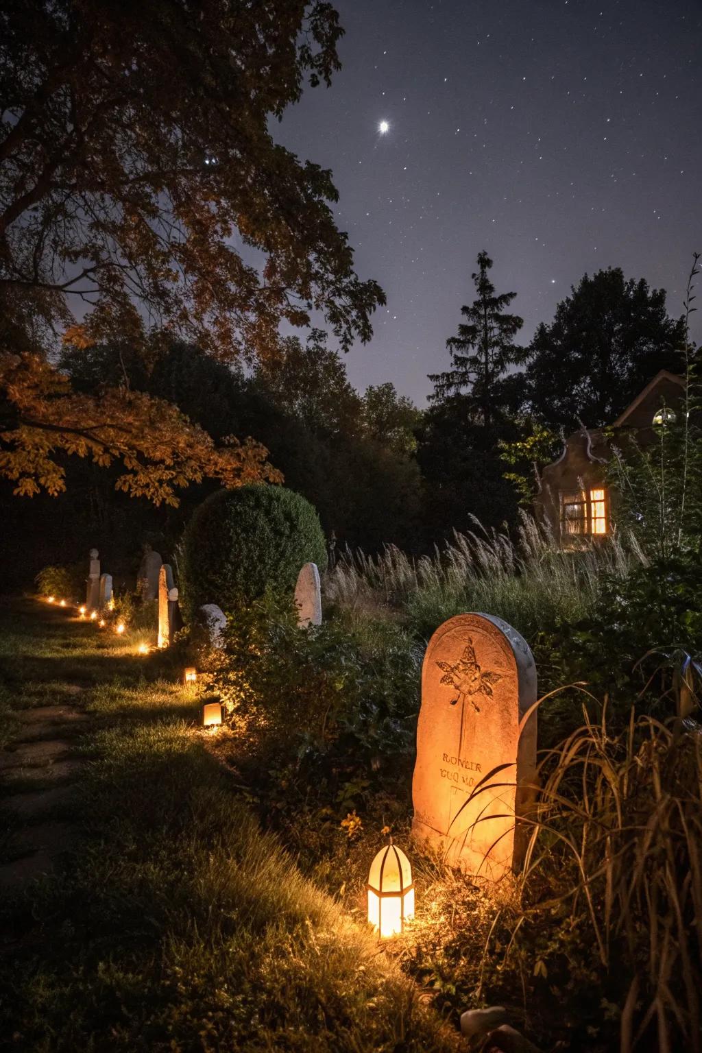 Glow-in-the-dark gravestones add an eerie glow to your Halloween display.
