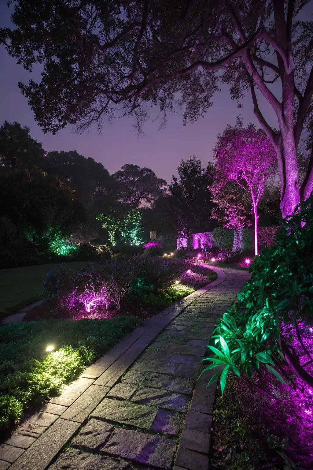 Colored lighting sets the mood for a spooky garden atmosphere.