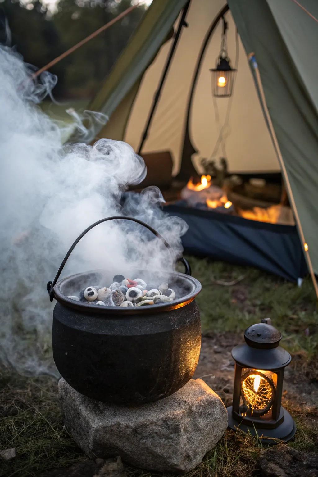 A bubbling cauldron with mist creates a bewitching corner.