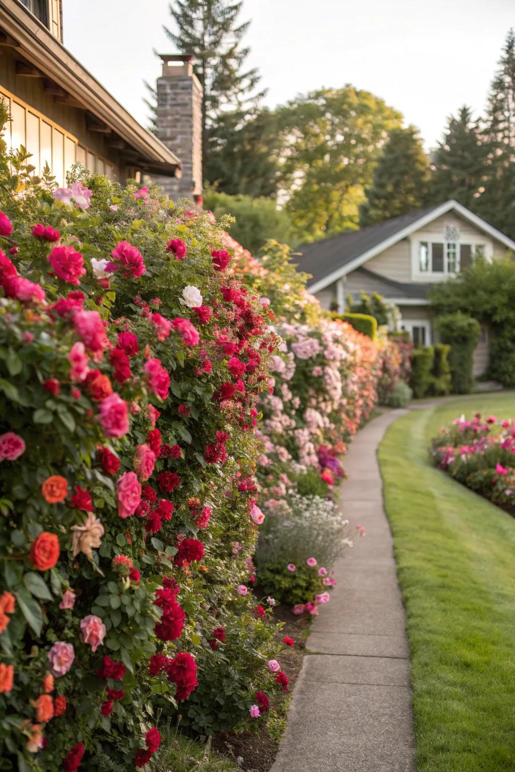 A vibrant flowering hedge in spring.