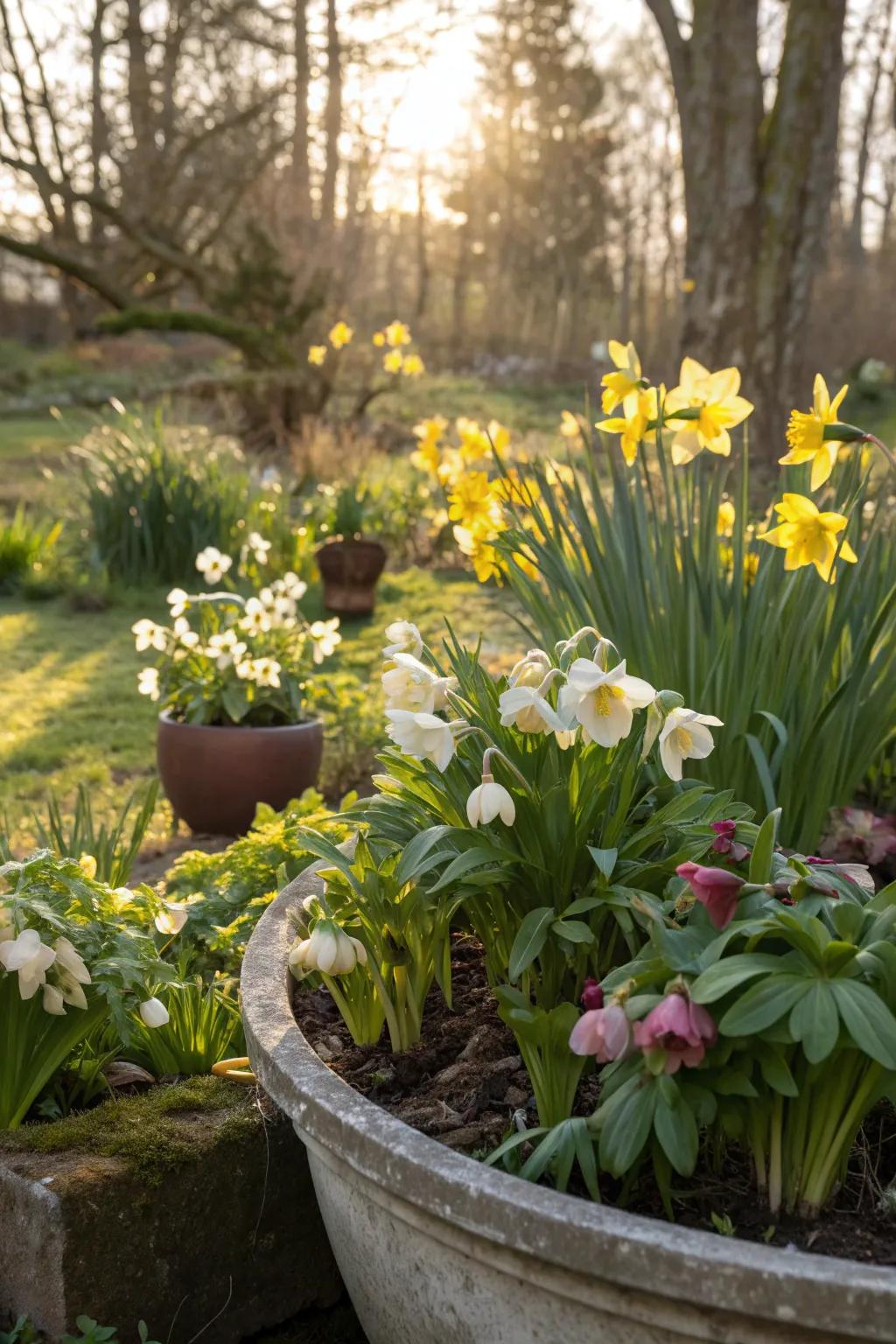 Hellebores and daffodils bloom together for a cheerful spring display.
