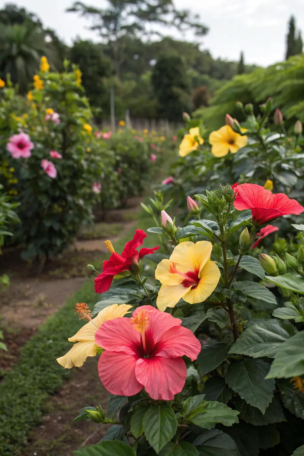 Create visual intrigue with contrasting hibiscus colors.