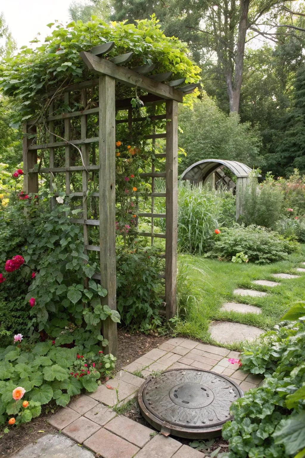 A trellis with climbing plants provides a lush disguise for septic tank covers.