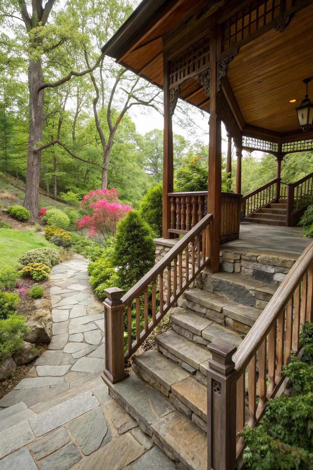 A high porch featuring a beautiful mix of stone and wood materials.