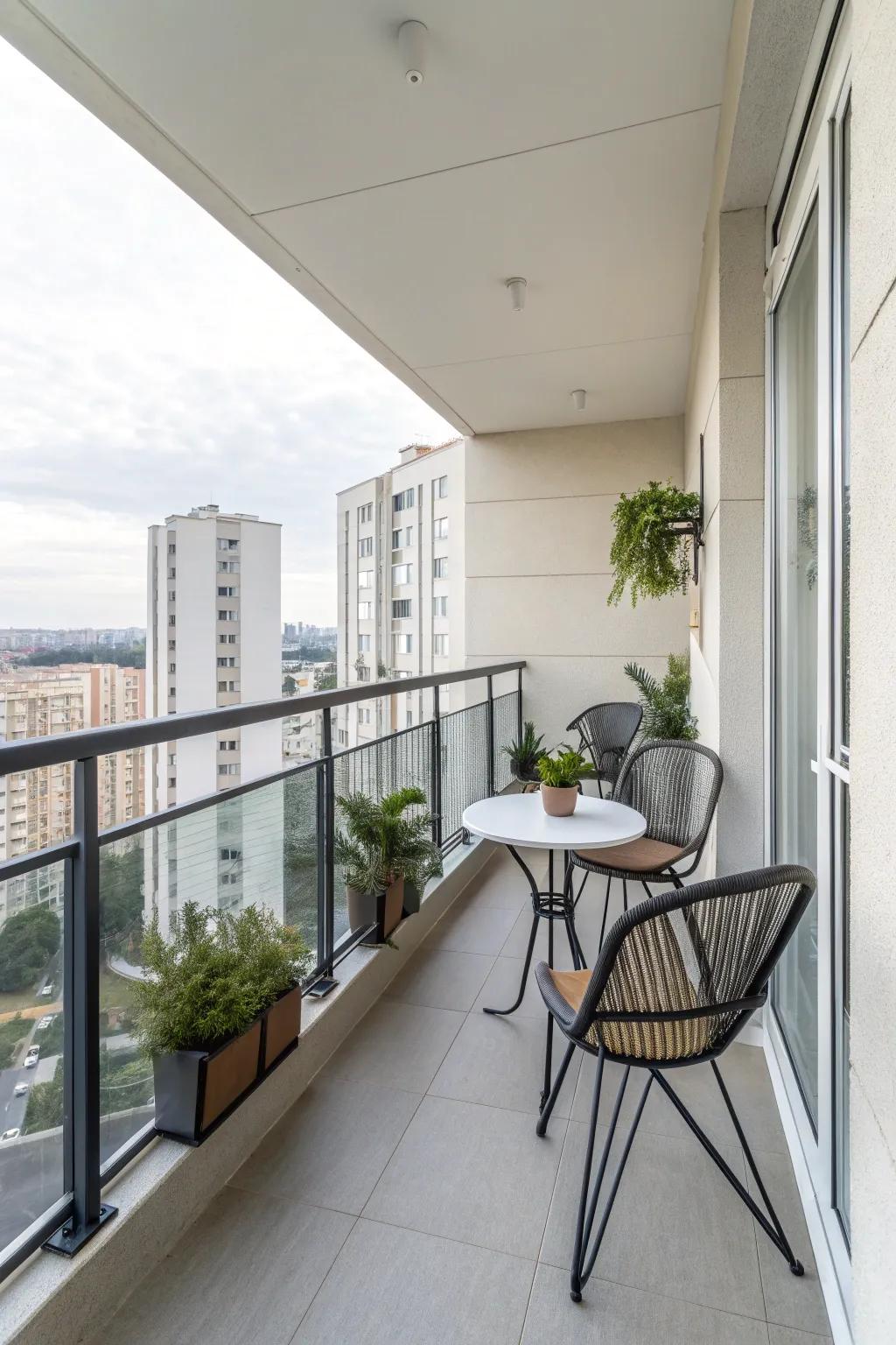 Minimalist furniture optimizes space on a cozy high-rise balcony.