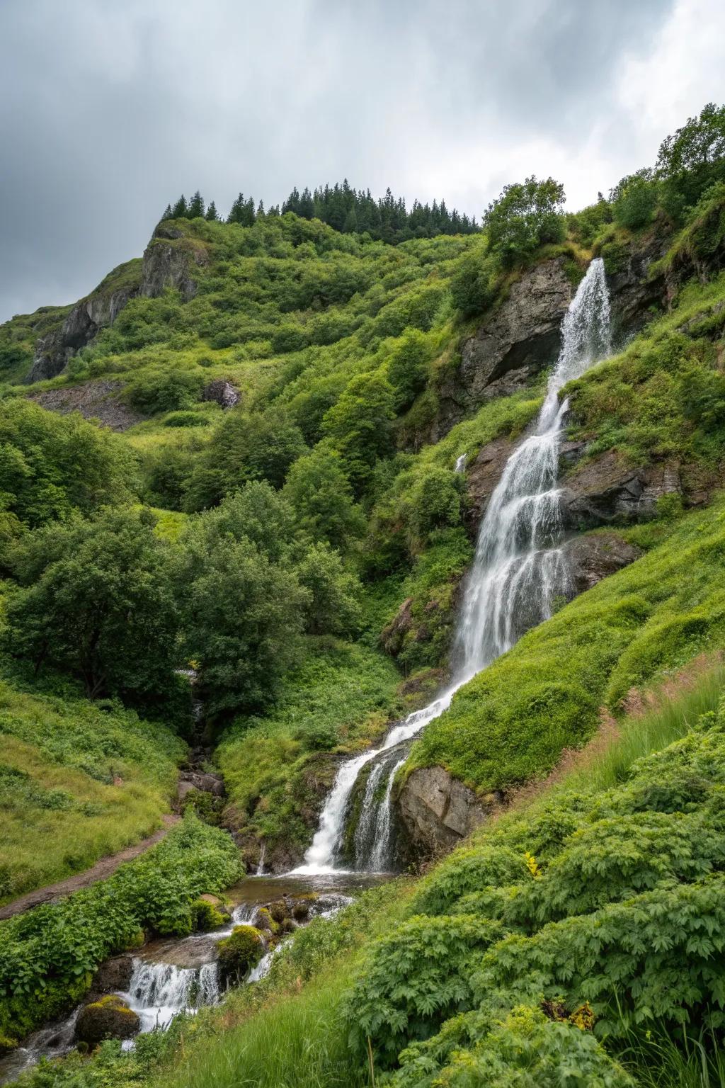 A waterfall feature adds tranquility and beauty.