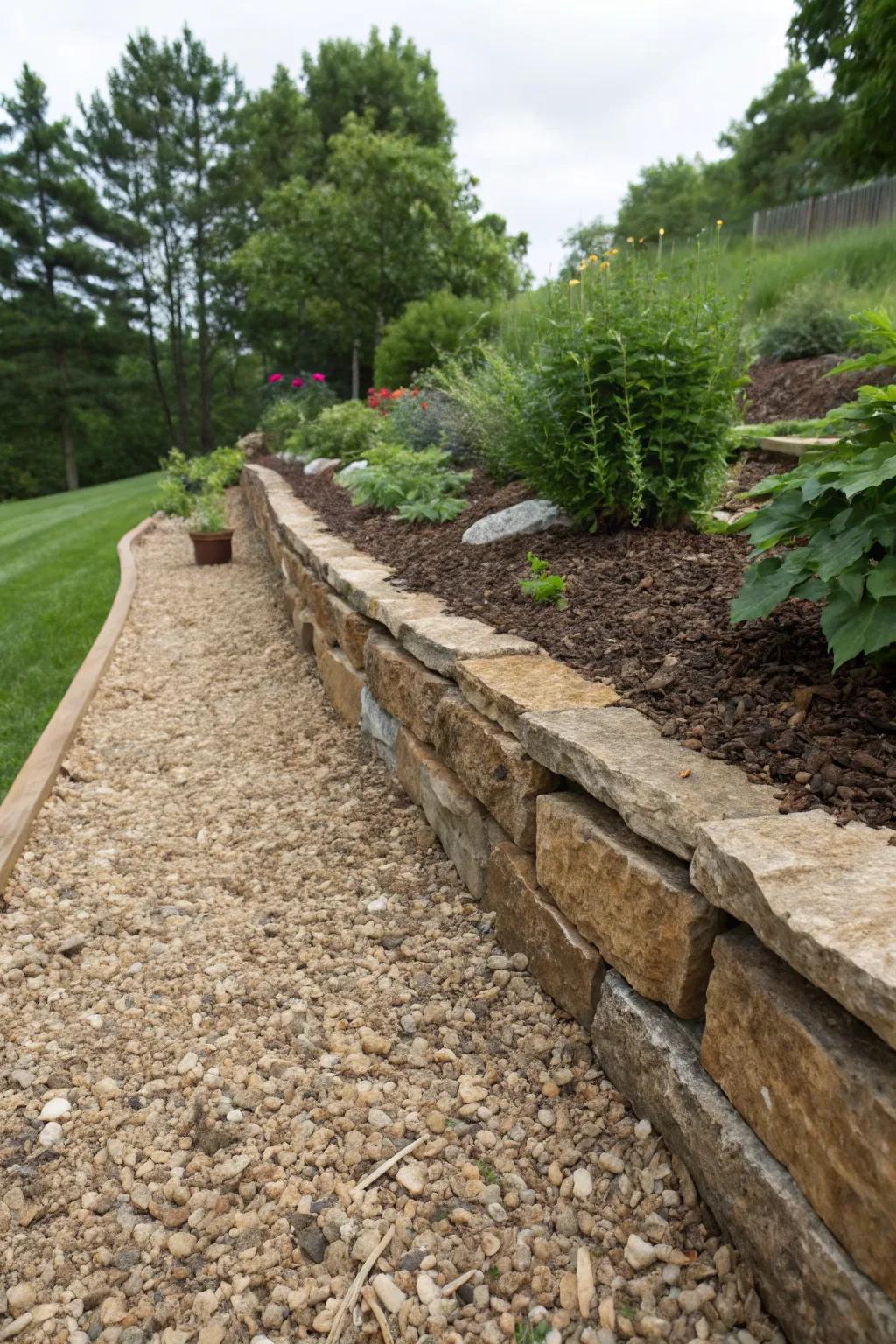 Gravel and mulch help ensure proper drainage around retaining walls.